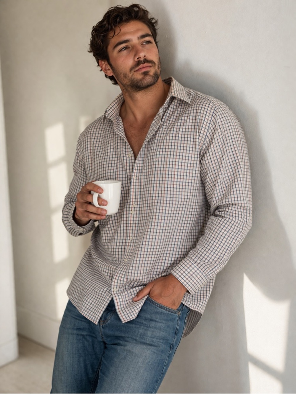 Stafford Men's Check Button-Down Shirt in Beige and Blue